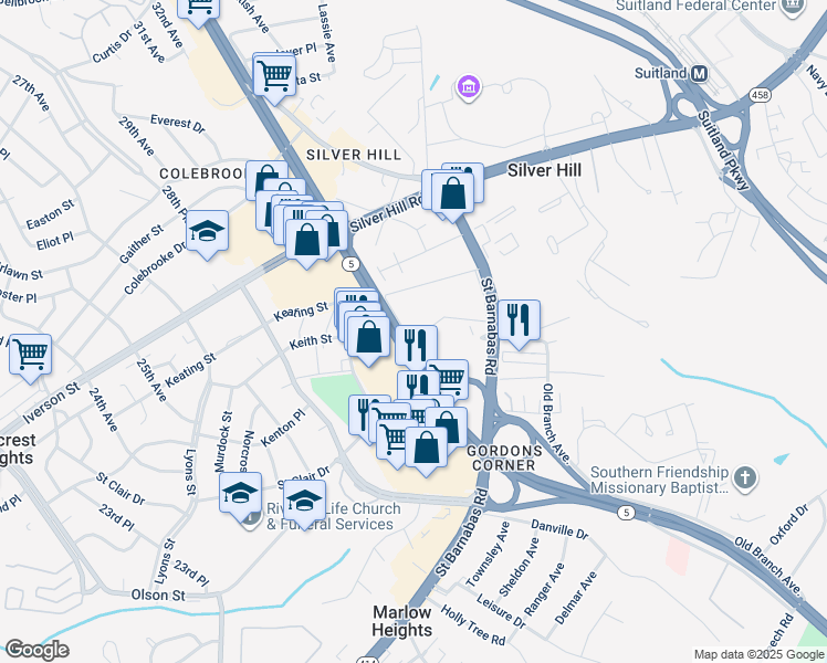 map of restaurants, bars, coffee shops, grocery stores, and more near 3849 Saint Barnabas Road in Hillcrest Heights