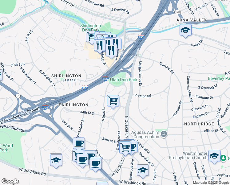 map of restaurants, bars, coffee shops, grocery stores, and more near 4230 32nd Street South in Arlington