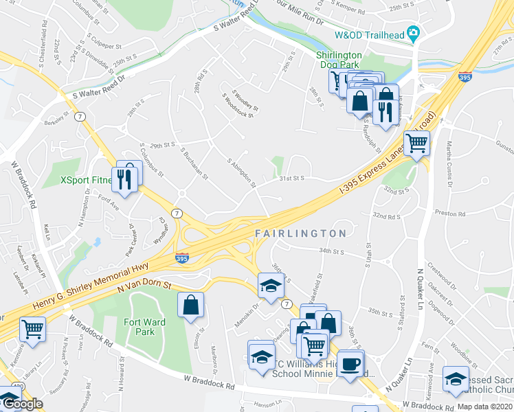 map of restaurants, bars, coffee shops, grocery stores, and more near 3120 South Abingdon Street in Arlington