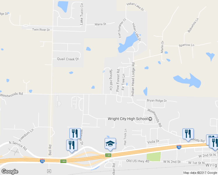 map of restaurants, bars, coffee shops, grocery stores, and more near 7 Spring Hill Circle in Wright City