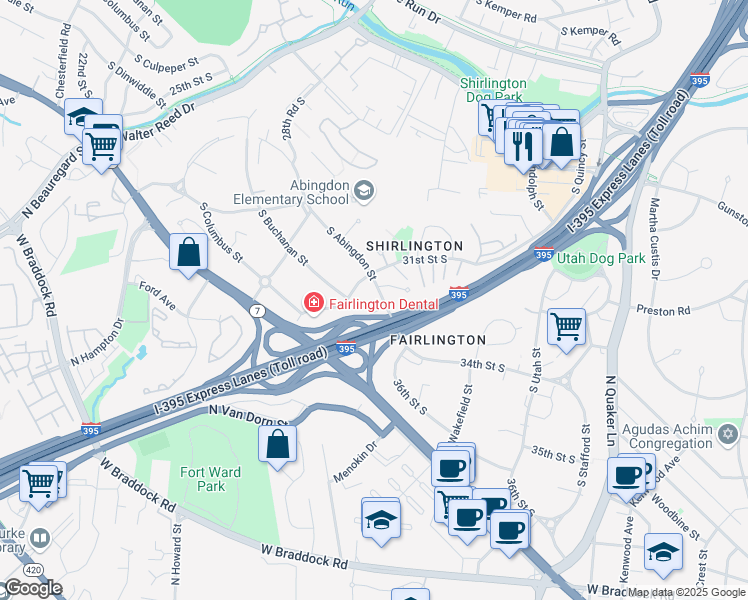 map of restaurants, bars, coffee shops, grocery stores, and more near 3120 South Abingdon Street in Arlington