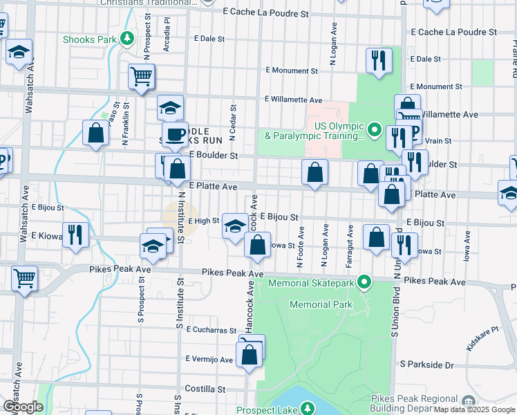 map of restaurants, bars, coffee shops, grocery stores, and more near 207 North Hancock Avenue in Colorado Springs