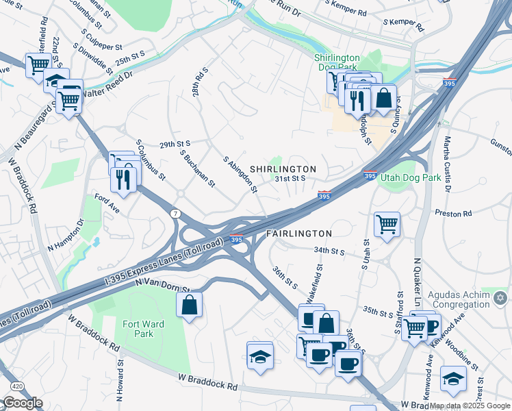 map of restaurants, bars, coffee shops, grocery stores, and more near 3128 South Abingdon Street in Arlington