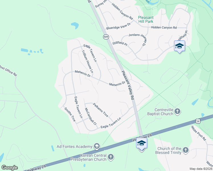 map of restaurants, bars, coffee shops, grocery stores, and more near 15467 Meherrin Dr in Centreville