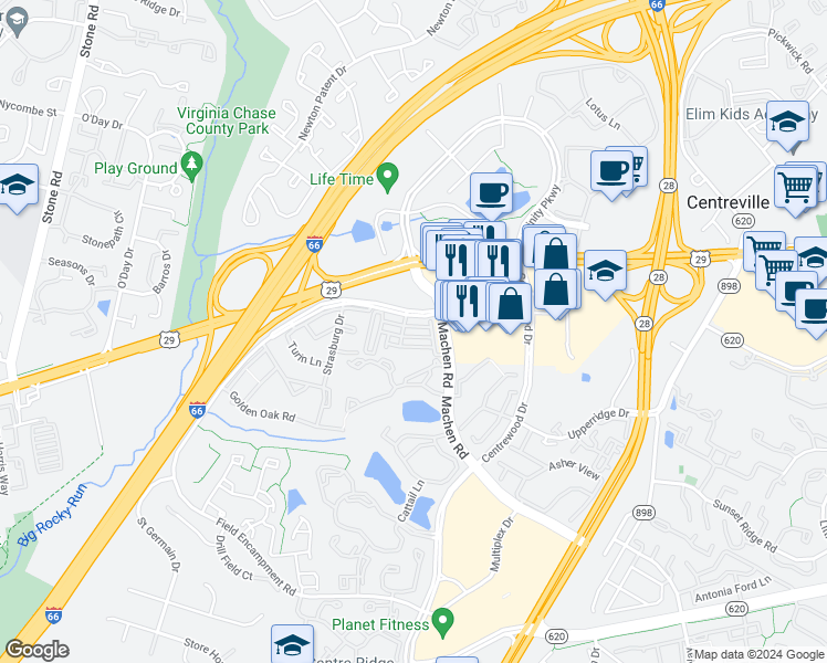 map of restaurants, bars, coffee shops, grocery stores, and more near 14264 Woven Willow Lane in Centreville