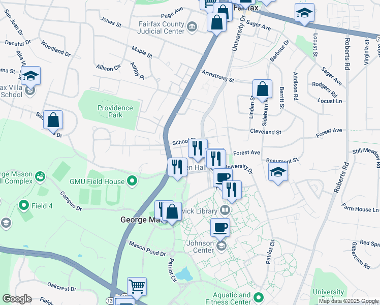 map of restaurants, bars, coffee shops, grocery stores, and more near 4452 High Oak Lane in Fairfax