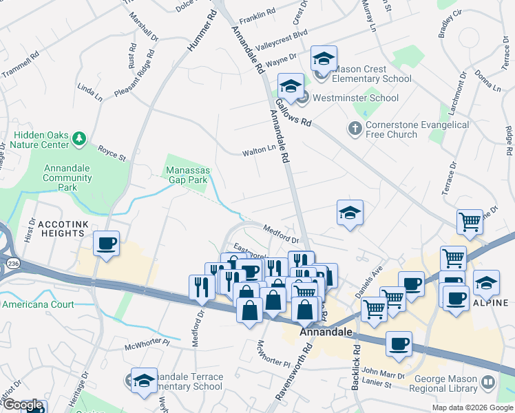 map of restaurants, bars, coffee shops, grocery stores, and more near 7412 Hamilton Street in Annandale