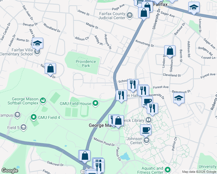 map of restaurants, bars, coffee shops, grocery stores, and more near 10619 Legacy Lane in Fairfax