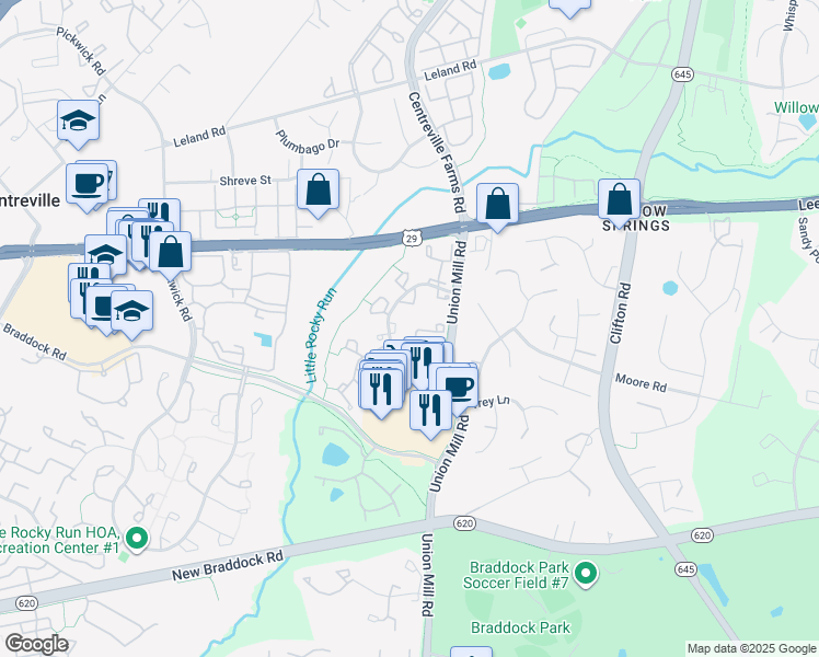 map of restaurants, bars, coffee shops, grocery stores, and more near 13534 Mallard Watch Way in Clifton