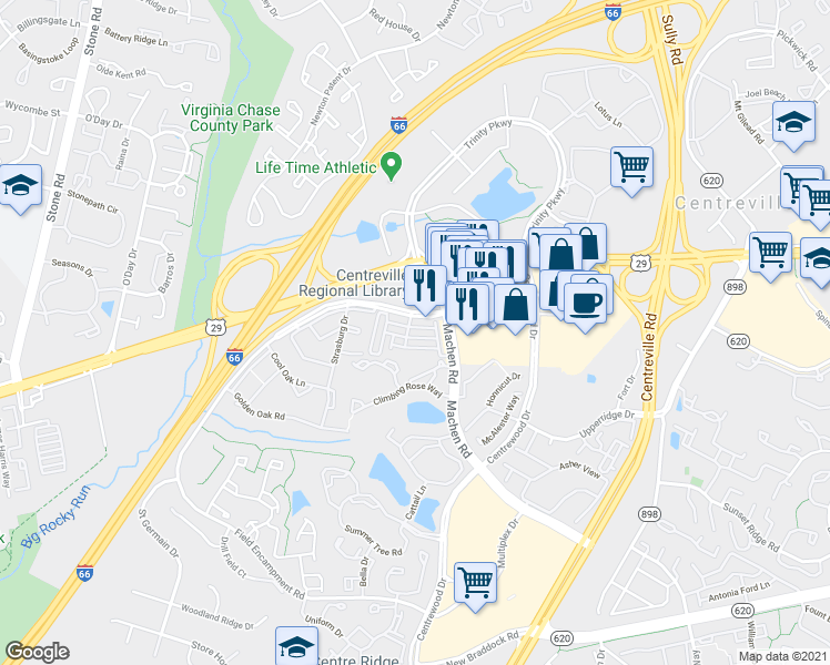 map of restaurants, bars, coffee shops, grocery stores, and more near 14262B Woven Willow Lane in Centreville