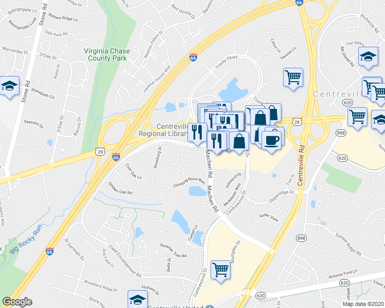 map of restaurants, bars, coffee shops, grocery stores, and more near 14262B Woven Willow Lane in Centreville
