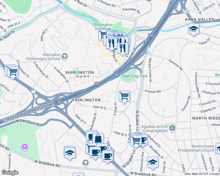 map of restaurants, bars, coffee shops, grocery stores, and more near 3268 South Utah Street in Arlington