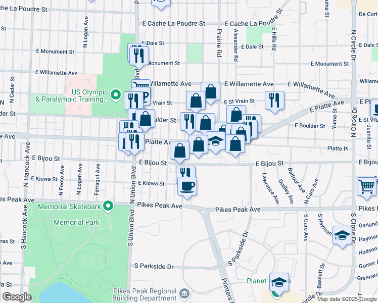 map of restaurants, bars, coffee shops, grocery stores, and more near 225 Iowa Avenue in Colorado Springs