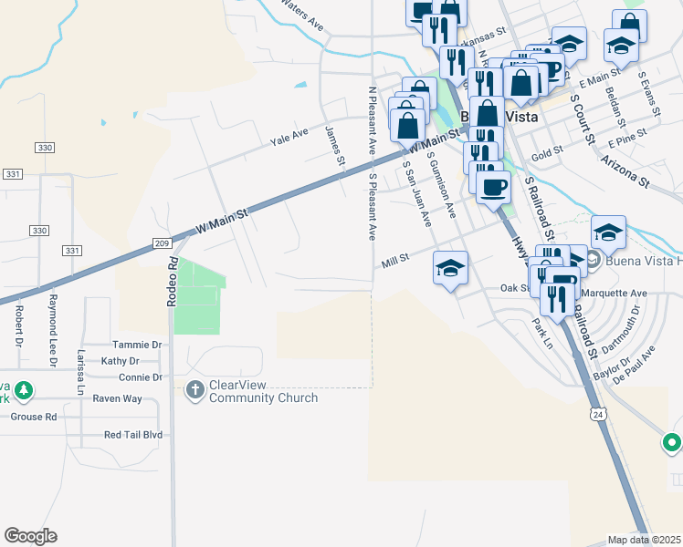 map of restaurants, bars, coffee shops, grocery stores, and more near 110 Meadow Ln in Buena Vista
