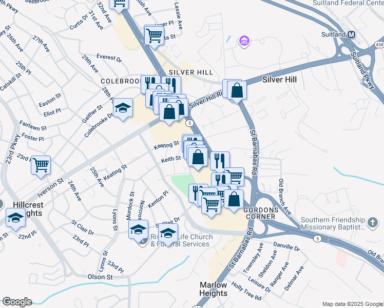 map of restaurants, bars, coffee shops, grocery stores, and more near 3899a Saint Clair Drive in Marlow Heights