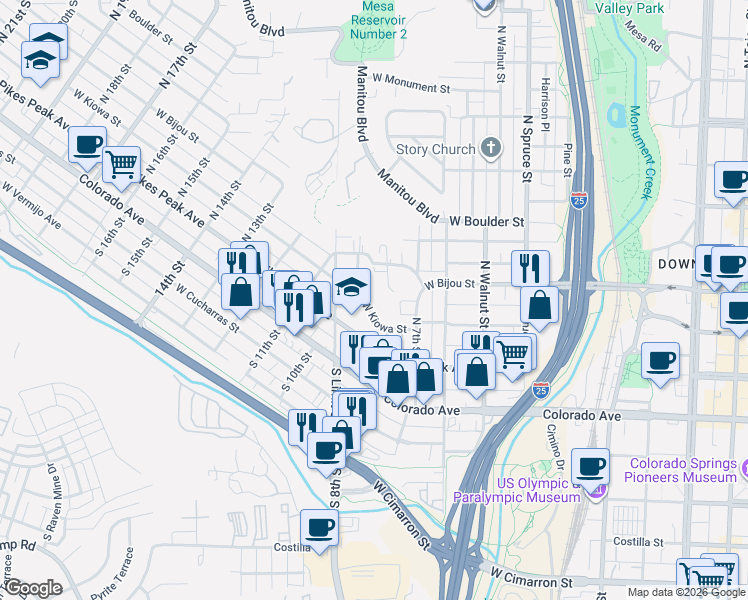 map of restaurants, bars, coffee shops, grocery stores, and more near 827 West Kiowa Street in Colorado Springs