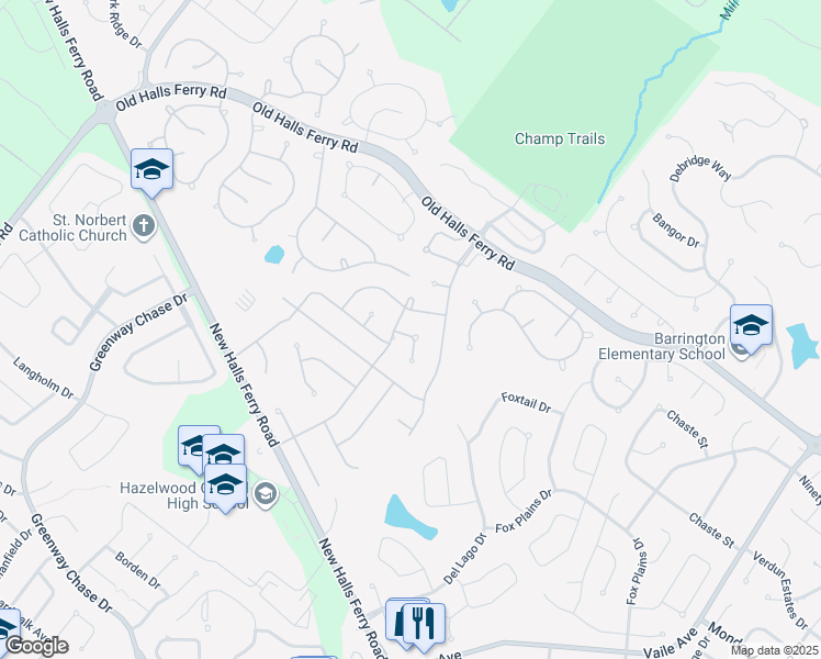 map of restaurants, bars, coffee shops, grocery stores, and more near 1049 Exacta Court in Florissant