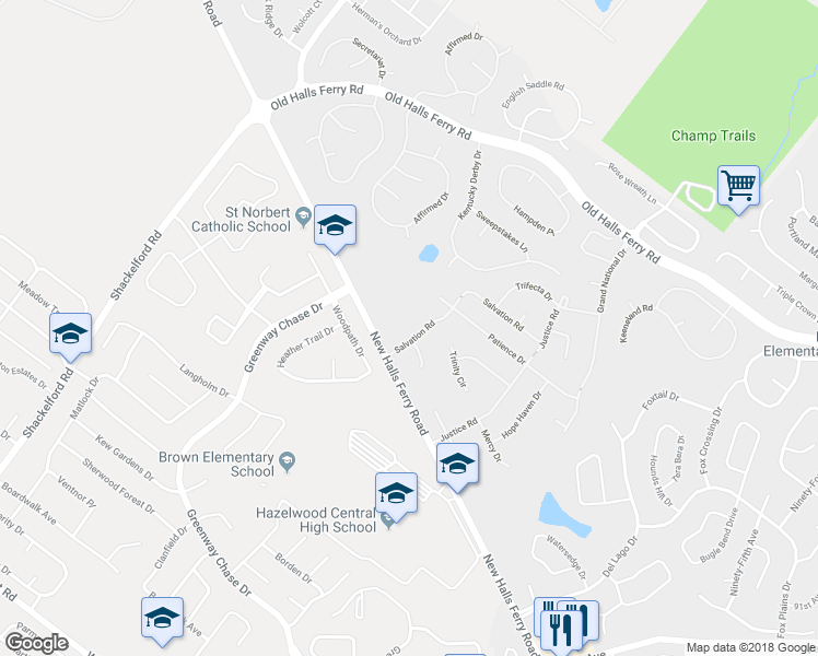 map of restaurants, bars, coffee shops, grocery stores, and more near 3819 Salvation Road in Florissant