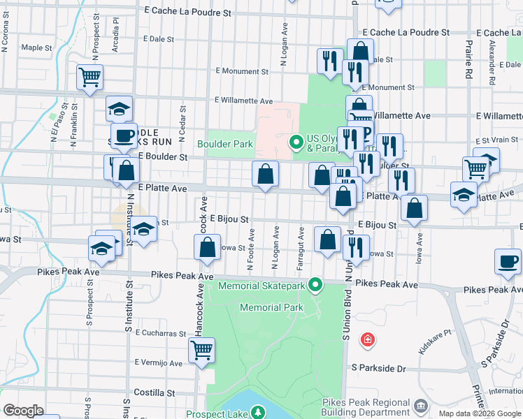 map of restaurants, bars, coffee shops, grocery stores, and more near 213 North Foote Avenue in Colorado Springs