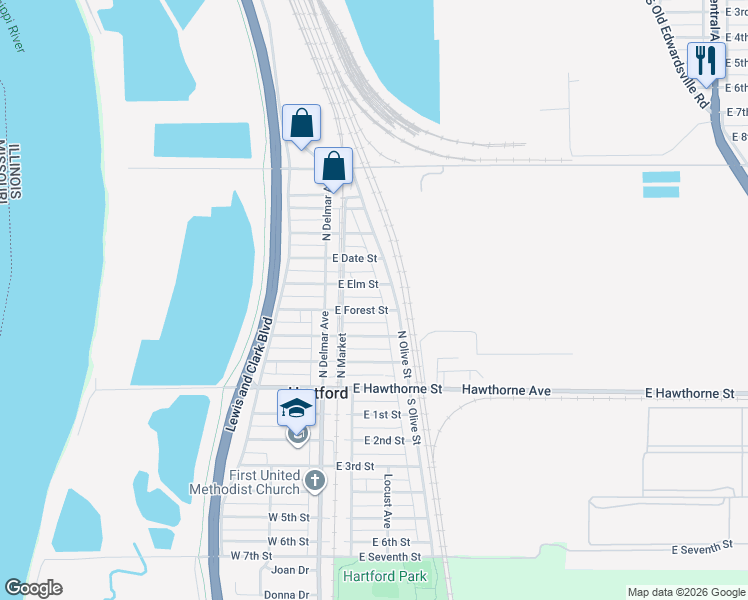 map of restaurants, bars, coffee shops, grocery stores, and more near 309 North Olive Street in Hartford