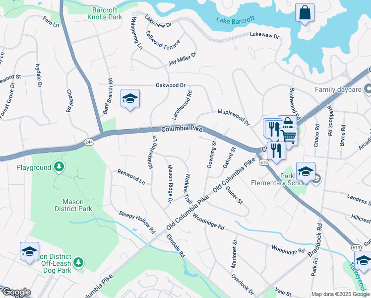 map of restaurants, bars, coffee shops, grocery stores, and more near 4020 Honey Lane in Annandale
