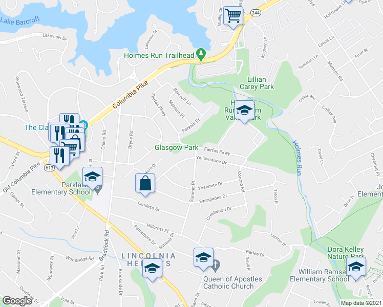 map of restaurants, bars, coffee shops, grocery stores, and more near 6226 Yellowstone Drive in Alexandria
