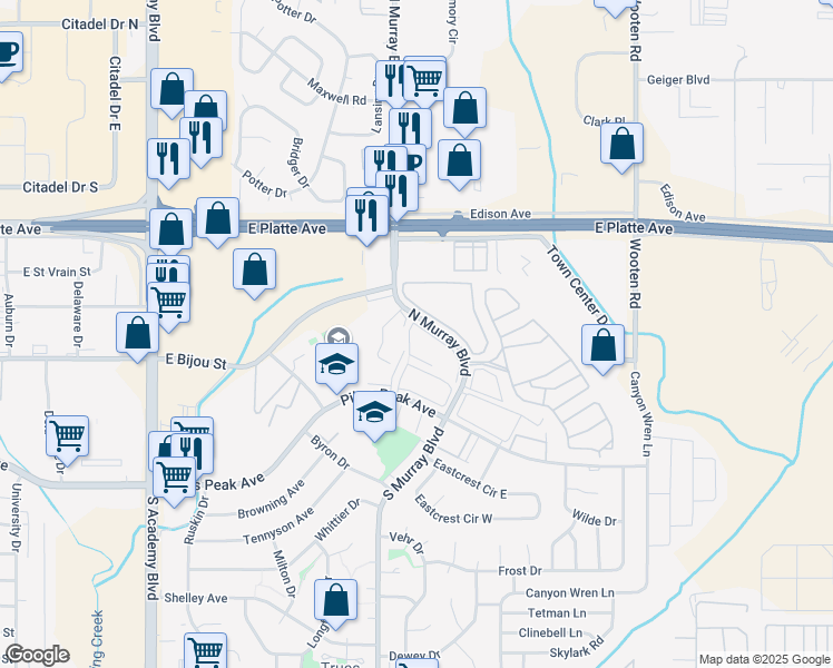 map of restaurants, bars, coffee shops, grocery stores, and more near 250 North Murray Boulevard in Colorado Springs