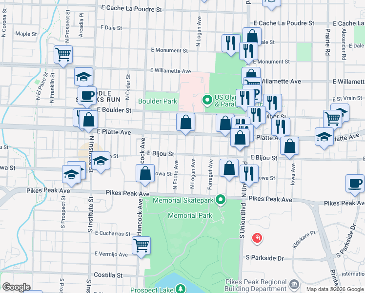 map of restaurants, bars, coffee shops, grocery stores, and more near 213 North Foote Avenue in Colorado Springs