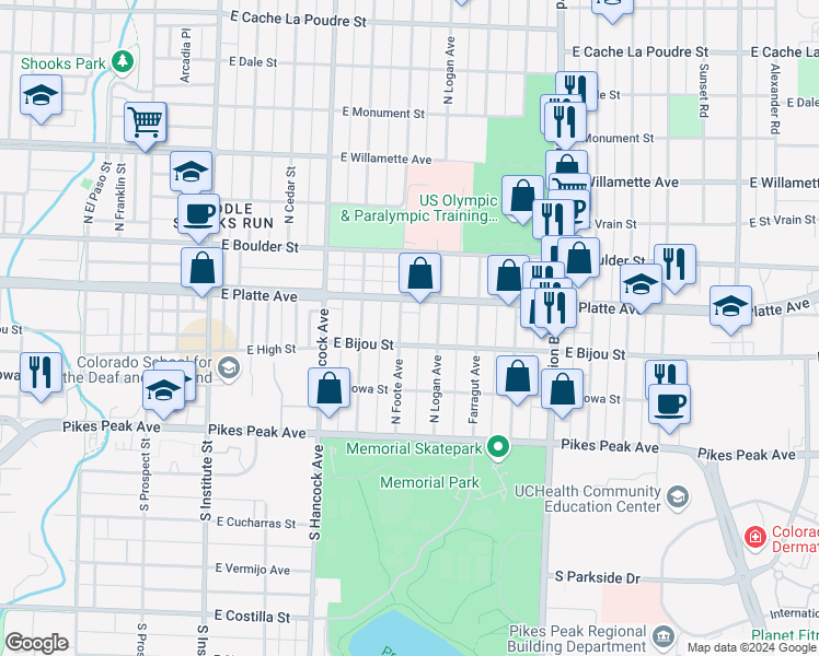 map of restaurants, bars, coffee shops, grocery stores, and more near 213 North Foote Avenue in Colorado Springs