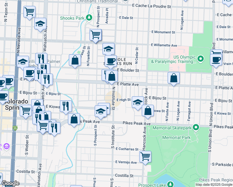 map of restaurants, bars, coffee shops, grocery stores, and more near 219 North Institute Street in Colorado Springs