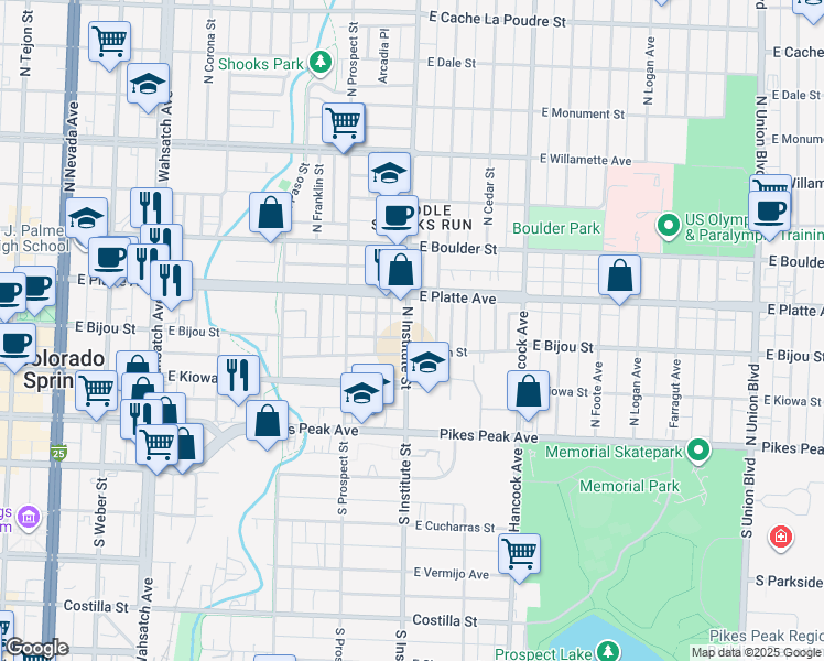 map of restaurants, bars, coffee shops, grocery stores, and more near 219 North Institute Street in Colorado Springs