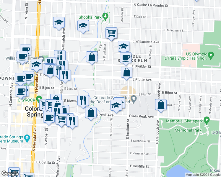 map of restaurants, bars, coffee shops, grocery stores, and more near 219 North Franklin Street in Colorado Springs