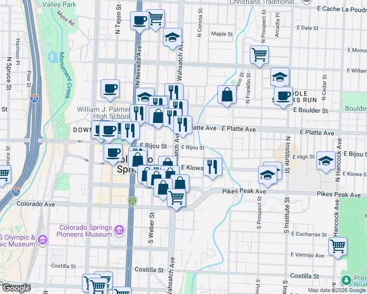 map of restaurants, bars, coffee shops, grocery stores, and more near 417 1/2 East Bijou Street in Colorado Springs