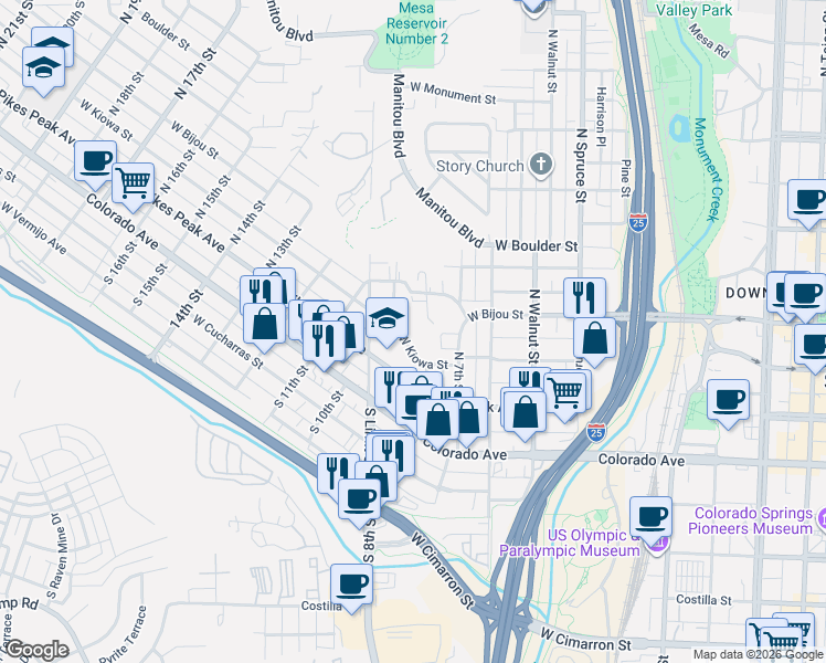 map of restaurants, bars, coffee shops, grocery stores, and more near 827 West Kiowa Street in Colorado Springs