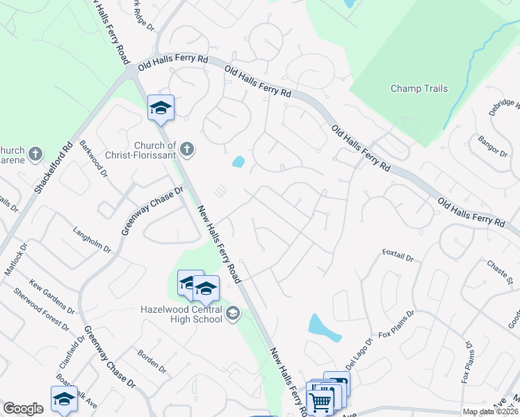 map of restaurants, bars, coffee shops, grocery stores, and more near 3836 Salvation Road in Florissant
