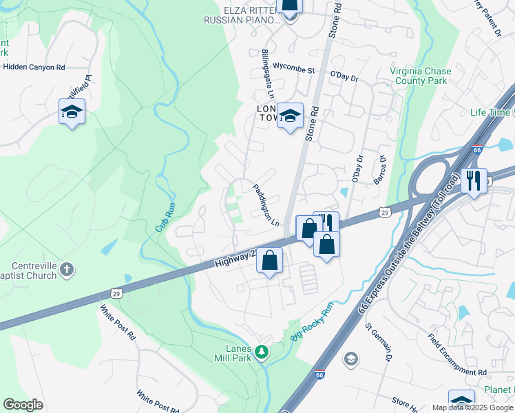 map of restaurants, bars, coffee shops, grocery stores, and more near 14836 Bodley Square in Centreville