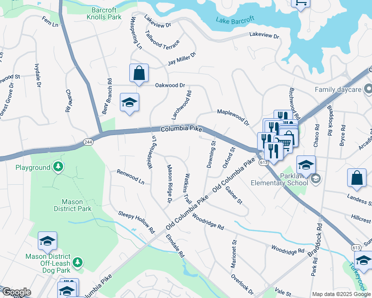 map of restaurants, bars, coffee shops, grocery stores, and more near 4020 Honey Lane in Annandale
