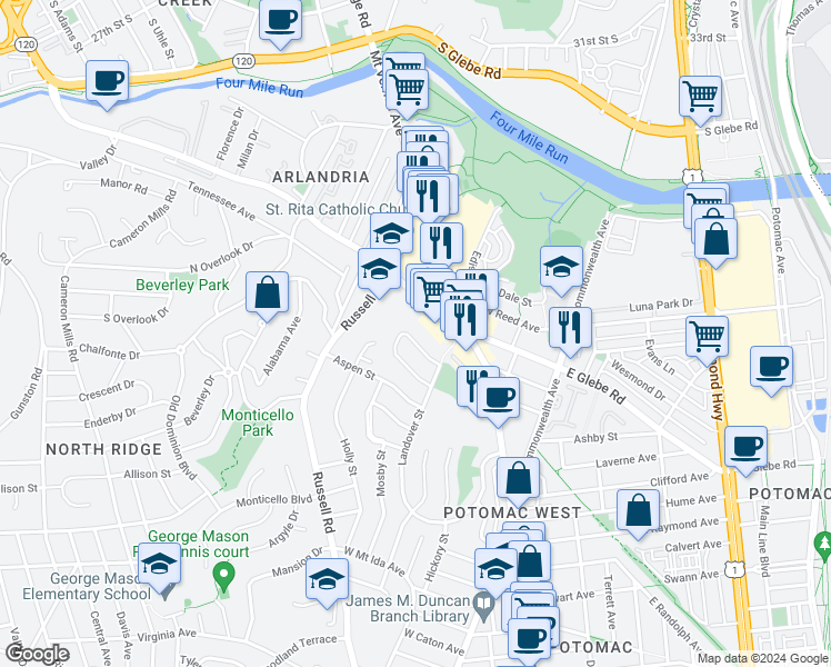 map of restaurants, bars, coffee shops, grocery stores, and more near 235 Tennessee Avenue in Alexandria