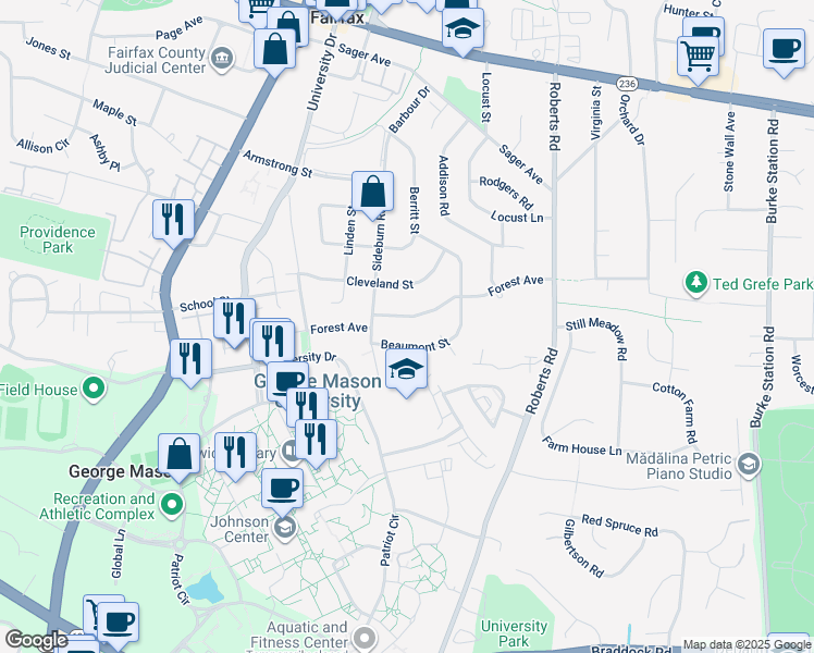 map of restaurants, bars, coffee shops, grocery stores, and more near 10319 Forest Avenue in Fairfax