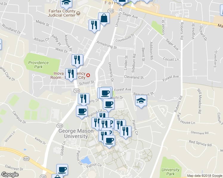 map of restaurants, bars, coffee shops, grocery stores, and more near 4238 University Drive in Fairfax