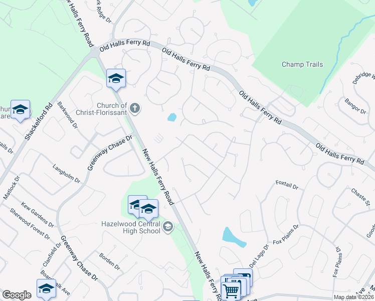 map of restaurants, bars, coffee shops, grocery stores, and more near 3836 Salvation Road in Florissant