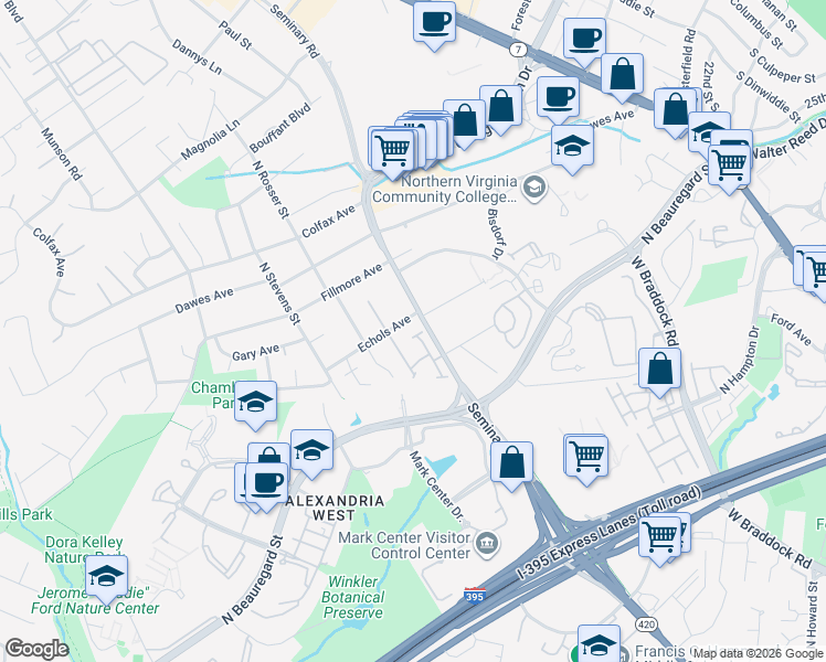 map of restaurants, bars, coffee shops, grocery stores, and more near 5149 Heritage Lane in Alexandria