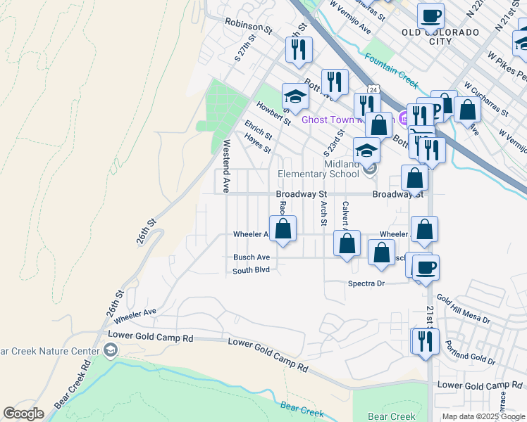 map of restaurants, bars, coffee shops, grocery stores, and more near 1318 South 25th Street in Colorado Springs