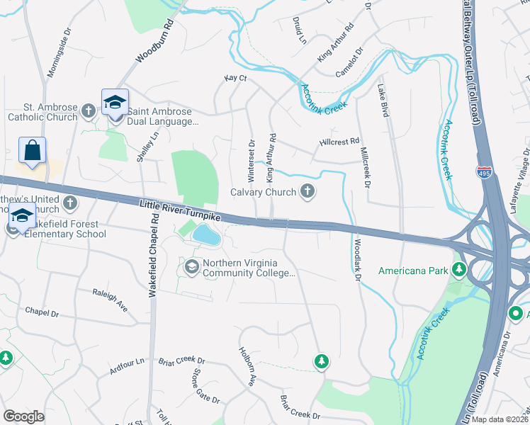 map of restaurants, bars, coffee shops, grocery stores, and more near 4010 King Arthur Road in Annandale