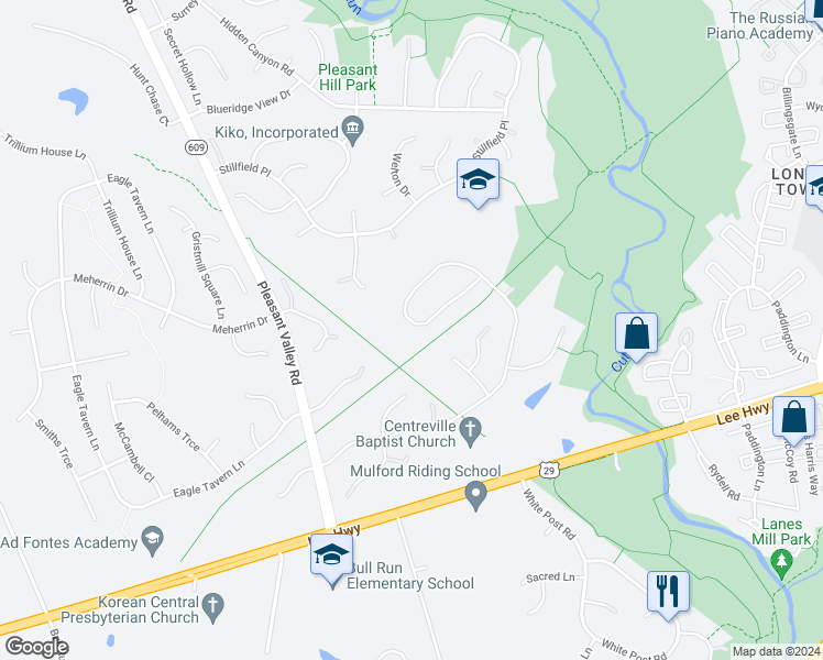 map of restaurants, bars, coffee shops, grocery stores, and more near 15107 Wetherburn Drive in Centreville