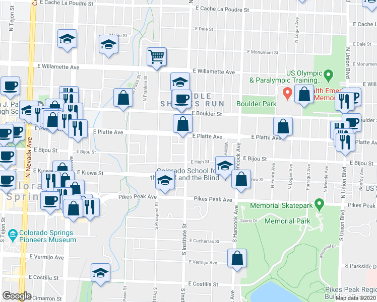 map of restaurants, bars, coffee shops, grocery stores, and more near 219 North Institute Street in Colorado Springs