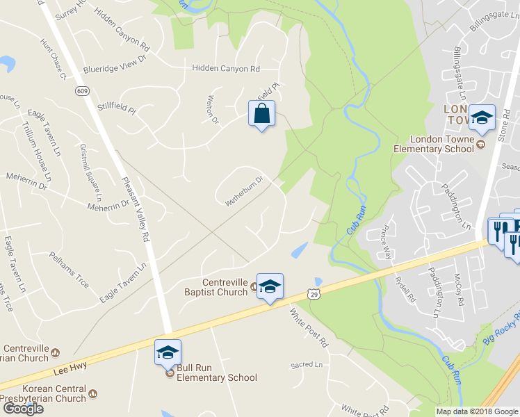 map of restaurants, bars, coffee shops, grocery stores, and more near 6414 Bromfield Trce in Centreville