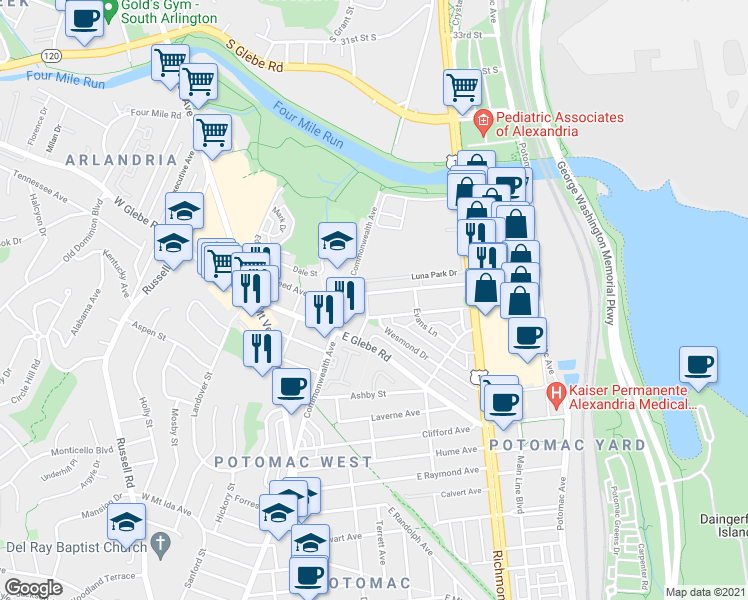 map of restaurants, bars, coffee shops, grocery stores, and more near 17 East Reed Avenue in Alexandria