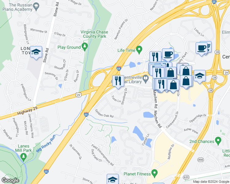 map of restaurants, bars, coffee shops, grocery stores, and more near 14417 Saguaro Place in Centreville
