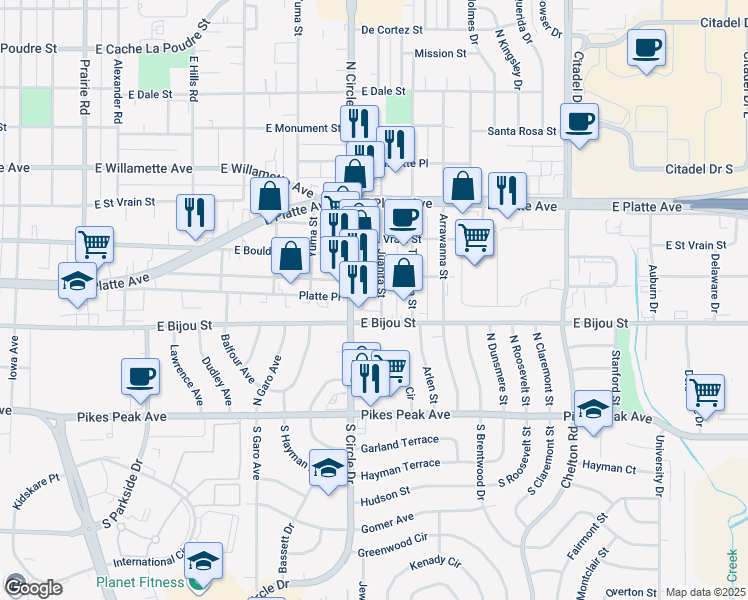 map of restaurants, bars, coffee shops, grocery stores, and more near 316 Juanita Street in Colorado Springs